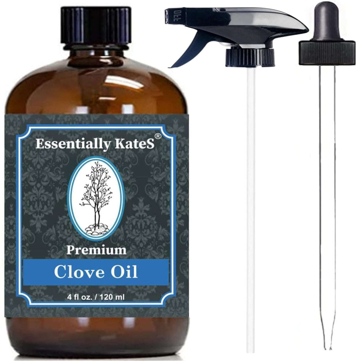 Essentially KateS front bottle displaying clove leaf oil in amber glass, premium presentation