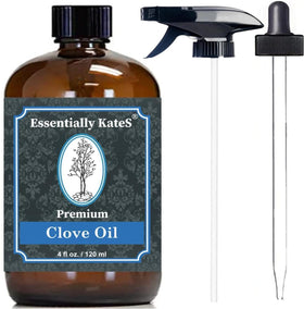 Essentially KateS front bottle displaying clove leaf oil in amber glass, premium presentation