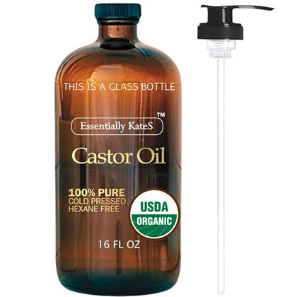 Essentially KateS amber glass bottle showing label and pure organic castor oil benefit