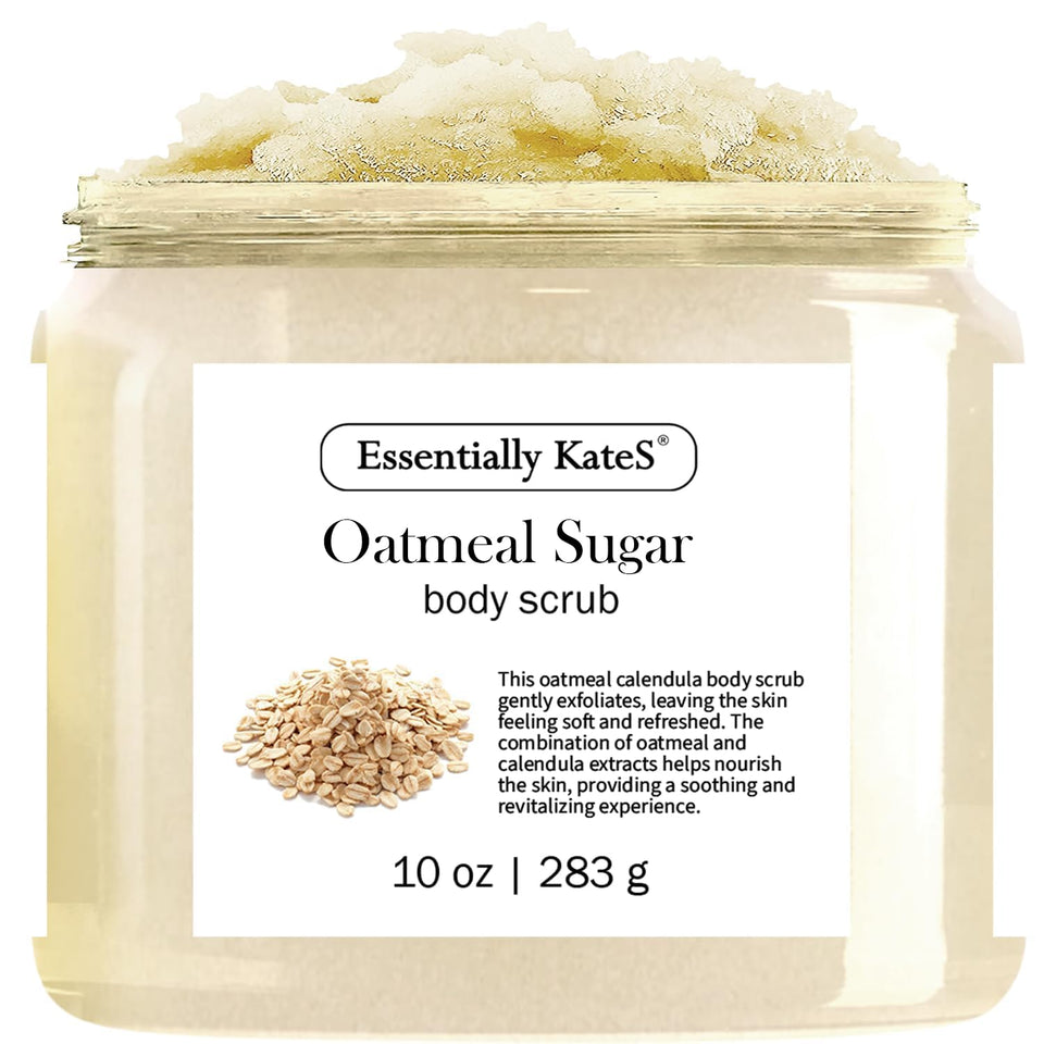 Essentially KateS front packaging showing gentle oatmeal sugar scrub for calm skin