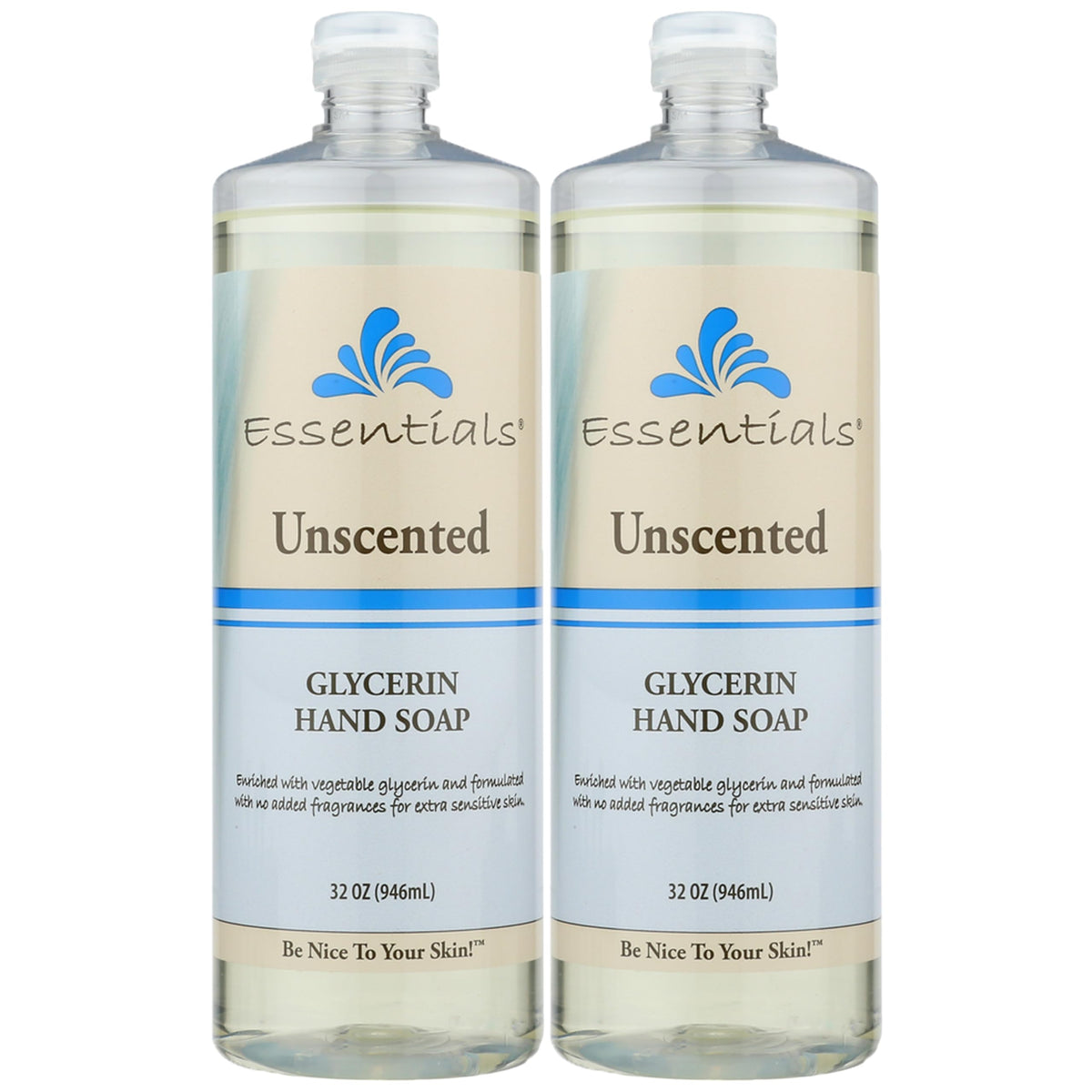Essentials glycerin front packaging shows two 32 fl oz bottles and clear labeling, easy refill benefit