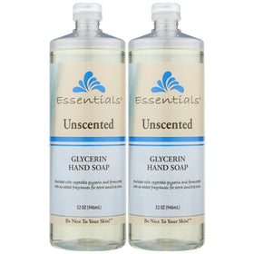 Essentials glycerin front packaging shows two 32 fl oz bottles and clear labeling, easy refill benefit