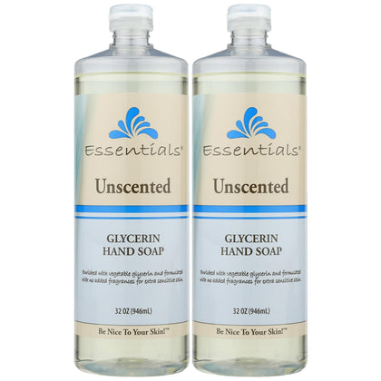 Essentials glycerin front packaging shows two 32 fl oz bottles and clear labeling, easy refill benefit
