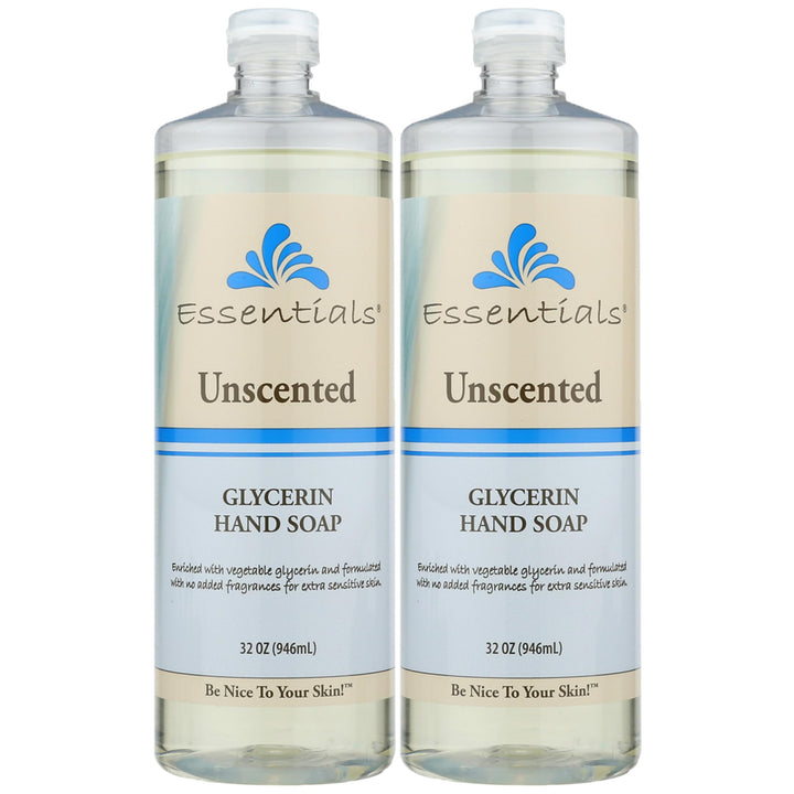 Essentials glycerin front packaging shows two 32 fl oz bottles and clear labeling, easy refill benefit