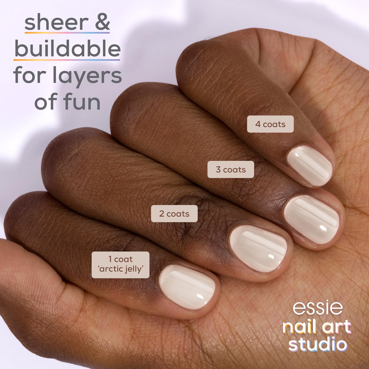 essie swatch wheel of arctic jelly showing buildable translucence benefit