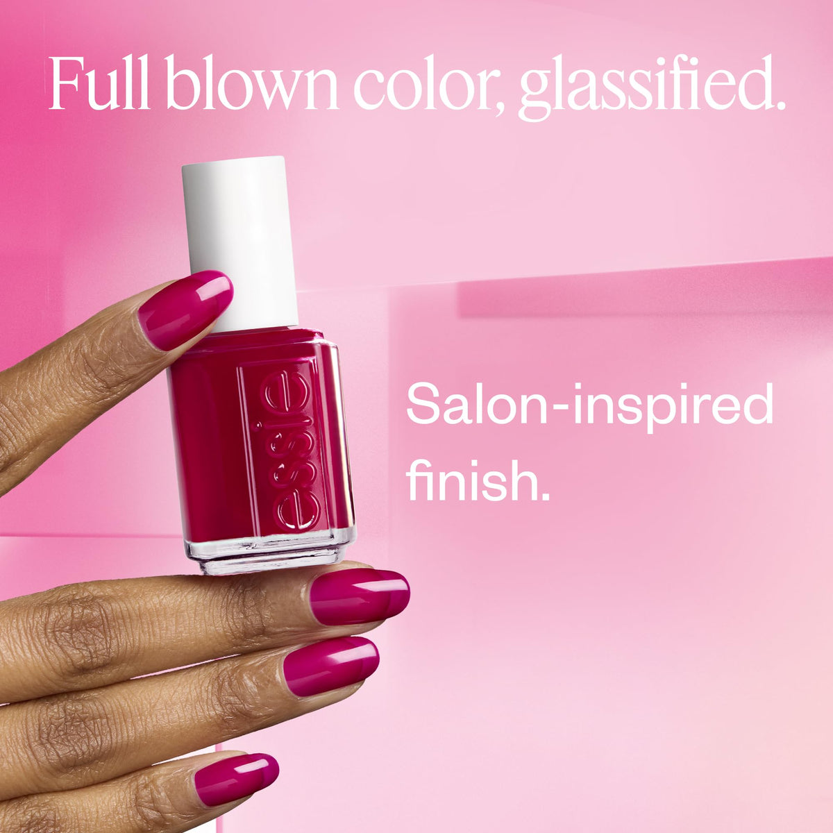 essie bottle angled with light reflection highlighting glassy finish