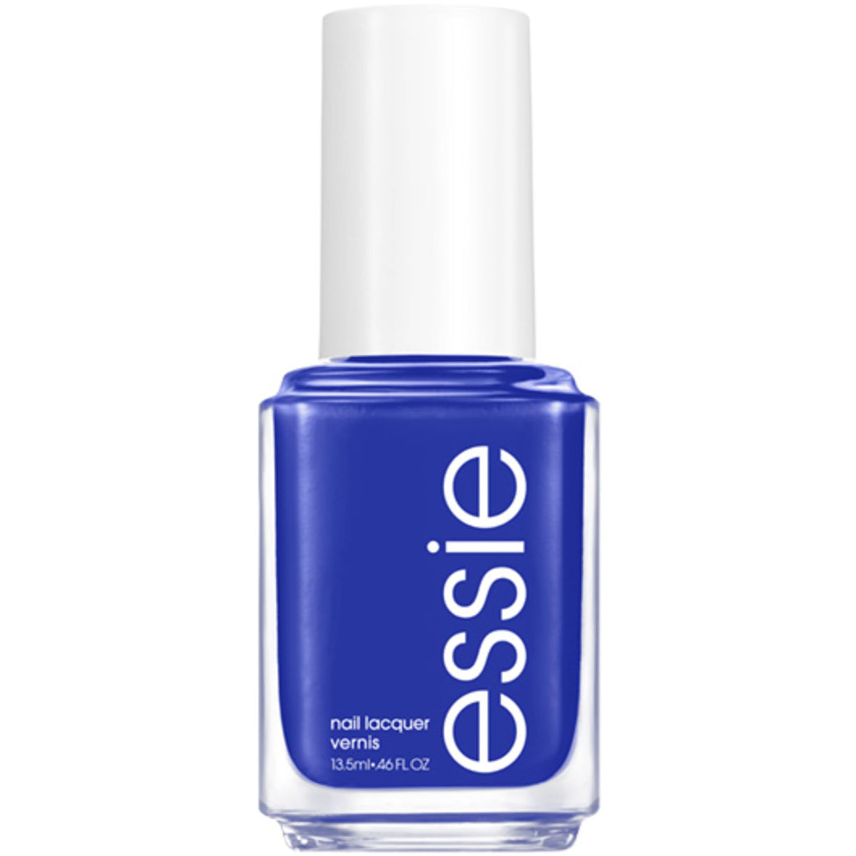 essie bottle front view showing bright blue color and label, vibrant finish benefit