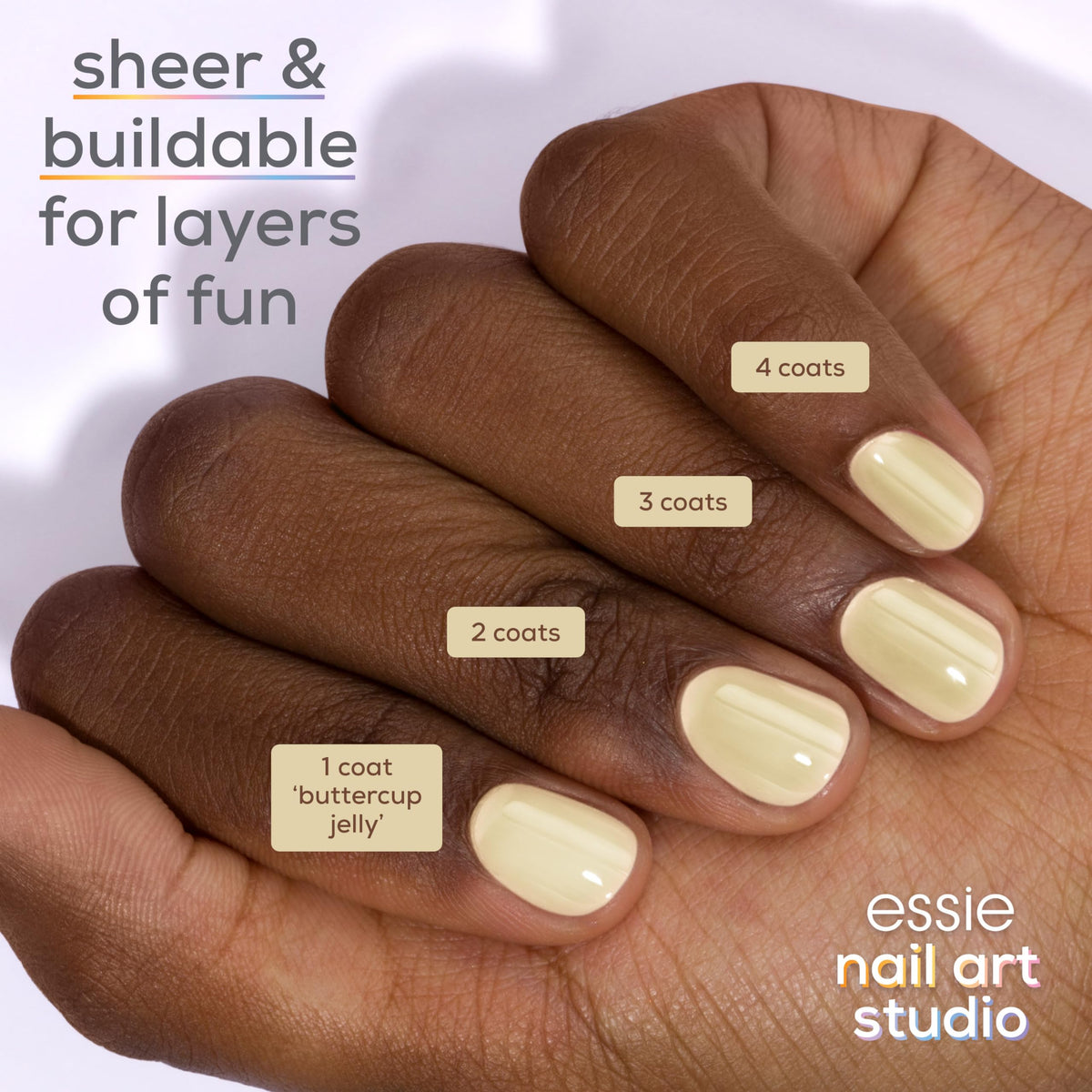 essie swatches on nail wheel showing buildable translucent yellow tones