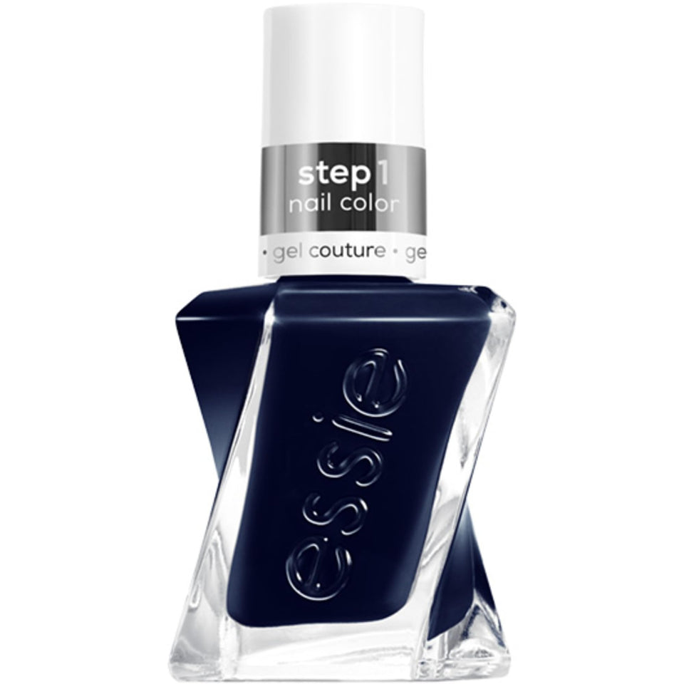 essie bottle front view showing deep navy color and sleek packaging for salon-quality polish