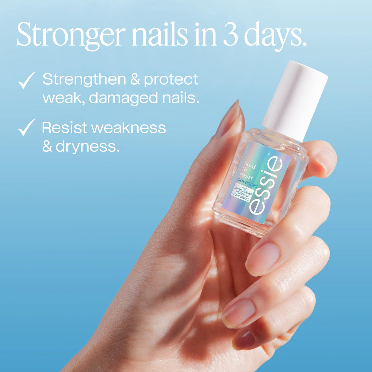 essie clear tint on nail plate demonstrating natural finish, shows subtle shine