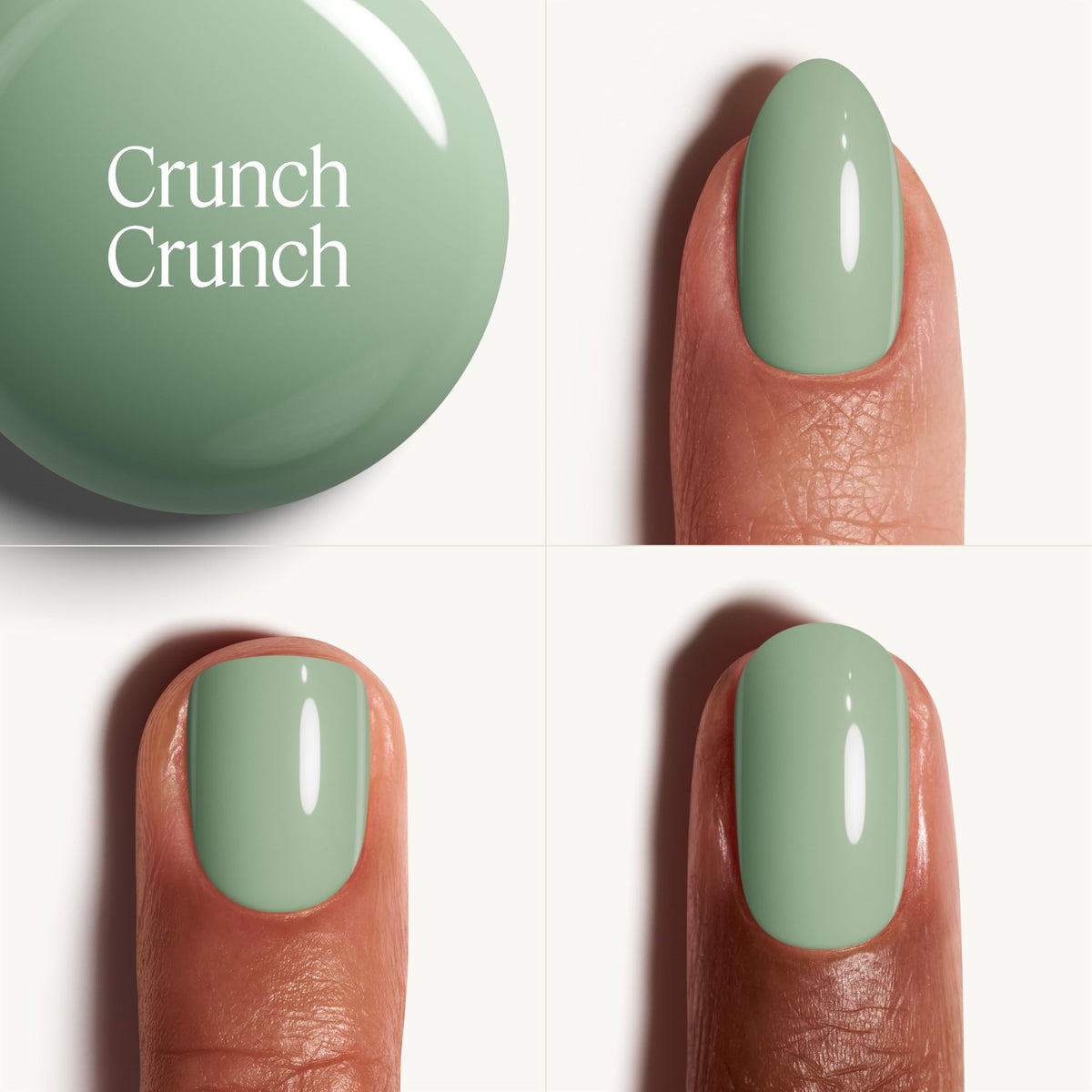 essie Crunch Crunch swatch on nail wheel showing true seafoam green tone for selection
