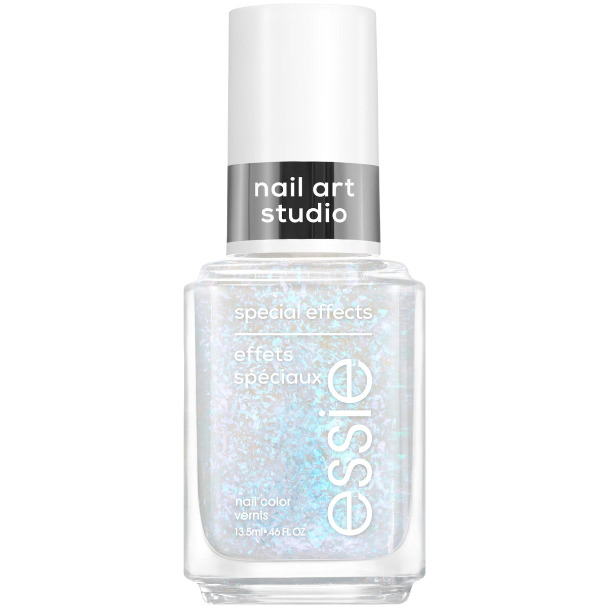 essie bottle front view showing blue pearl finish and brand clarity