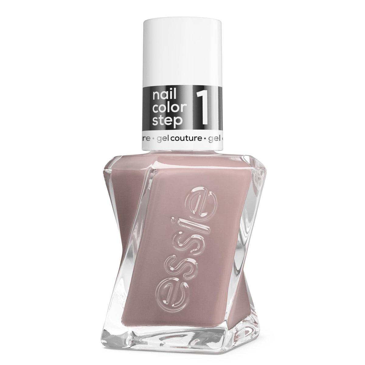 essie front bottle packaging showing gray shade and size benefit longwear