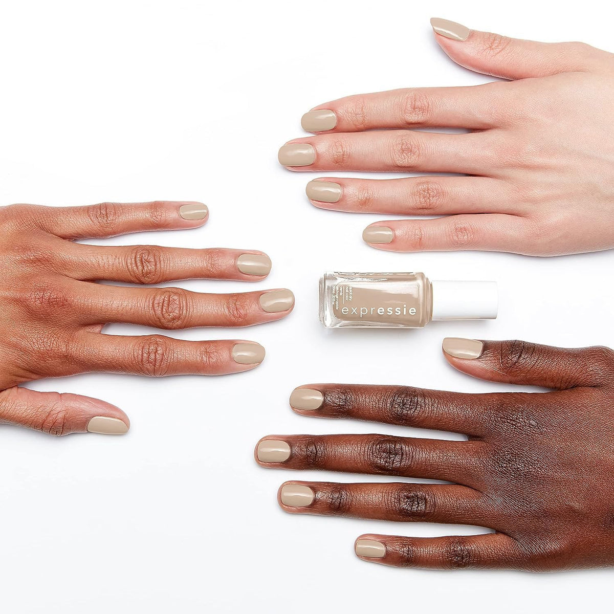 essie Expressie swatch stroke on nail plate showing creamy coverage and fast-dry