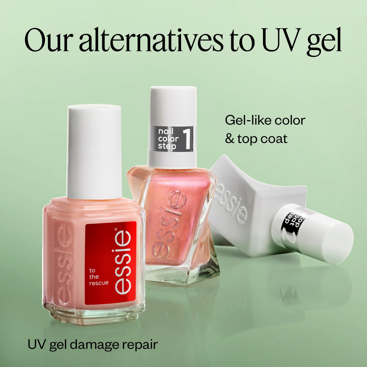 essie finish comparison with top coat showing gel-like shine