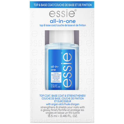 essie front packaging showing all-in-one bottle and clear polish benefit