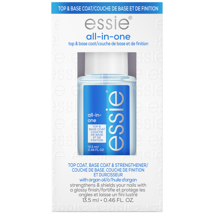 essie front packaging showing all-in-one bottle and clear polish benefit