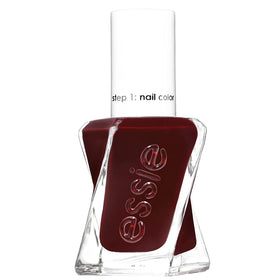 essie bottle front packaging showing deep red color and label benefits