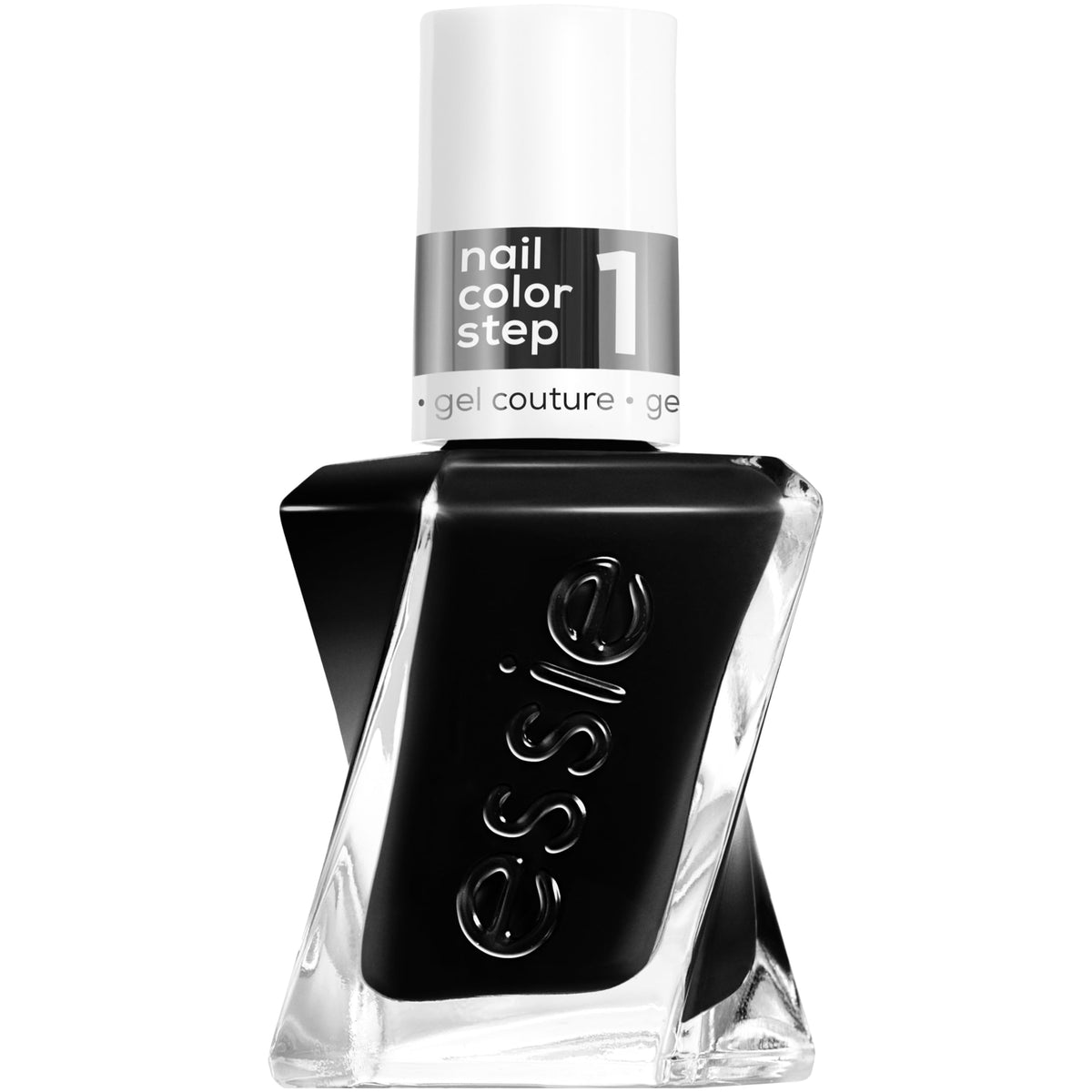 essie bottle front packaging showing black shade and gel couture finish for dramatic wear
