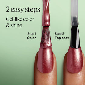 essie top coat bottle beside color bottle showing pairing for gel-like shine