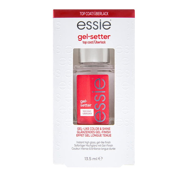 essie front bottle showing clear high-gloss top coat and brand