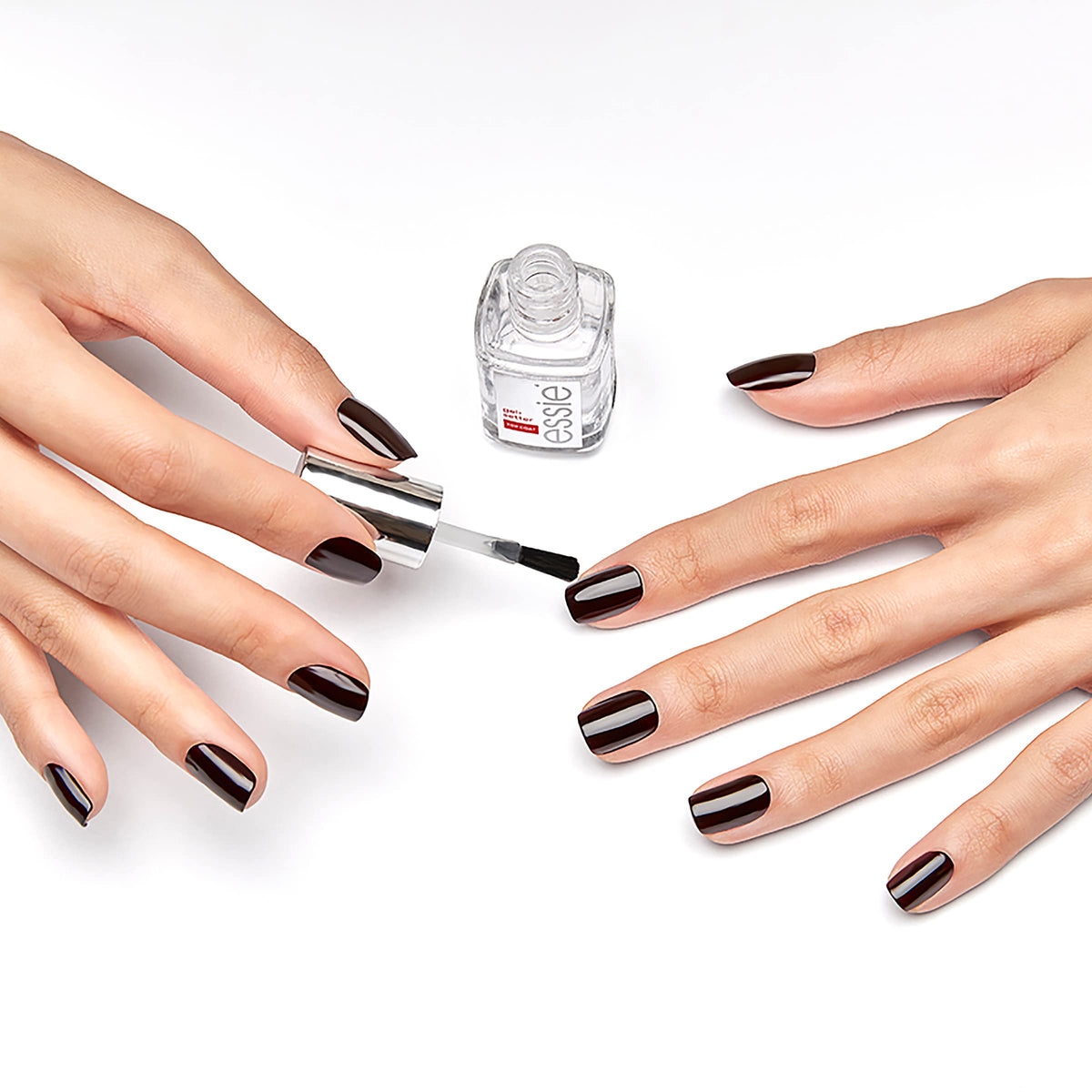 essie glossy swatch on nails demonstrating gel-like shine