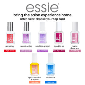 essie in a travel beauty bag ready for on-the-go touchups