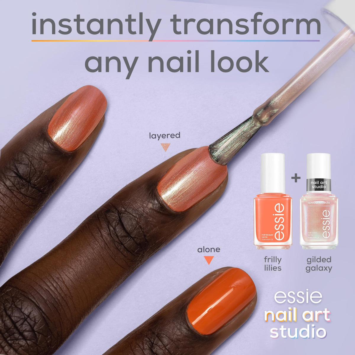 essie swatch applied to fingertips showing duochrome sparkle benefit