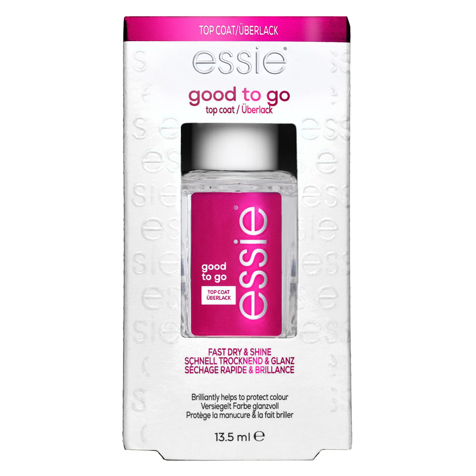 essie Good to Go front bottle showing compact travel-ready design and quick use benefit