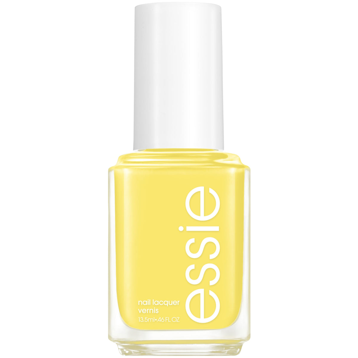 essie Limon Cielo front bottle showing glossy yellow polish and label benefit shine