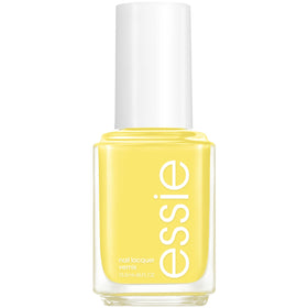 essie Limon Cielo front bottle showing glossy yellow polish and label benefit shine