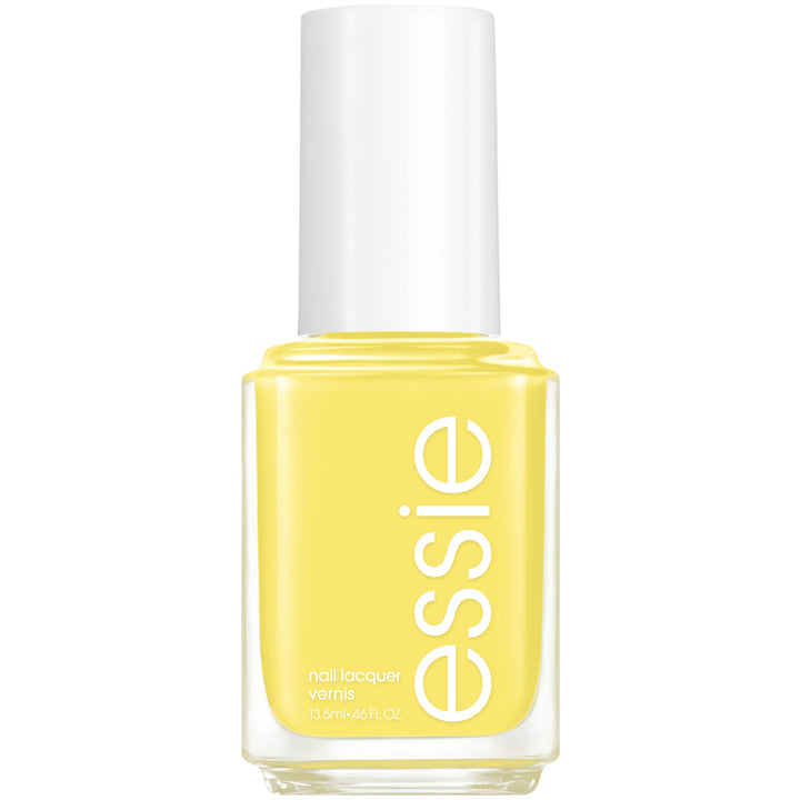 essie Limon Cielo front bottle showing glossy yellow polish and label benefit shine