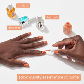 essie label and cap close-up showing product info and salon-quality benefit