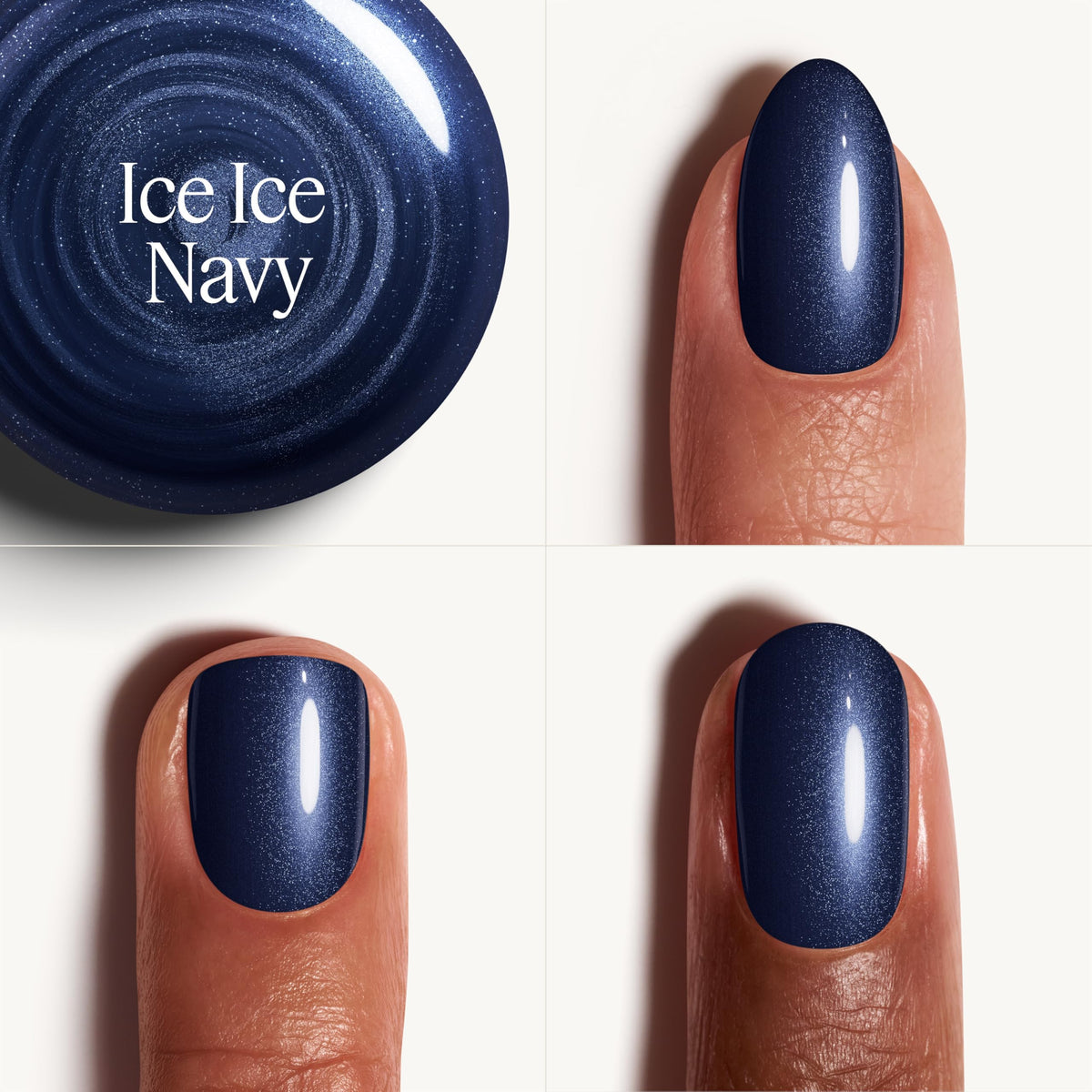 essie hand model wearing Ice Ice Navy swatch showing durable salon look benefit