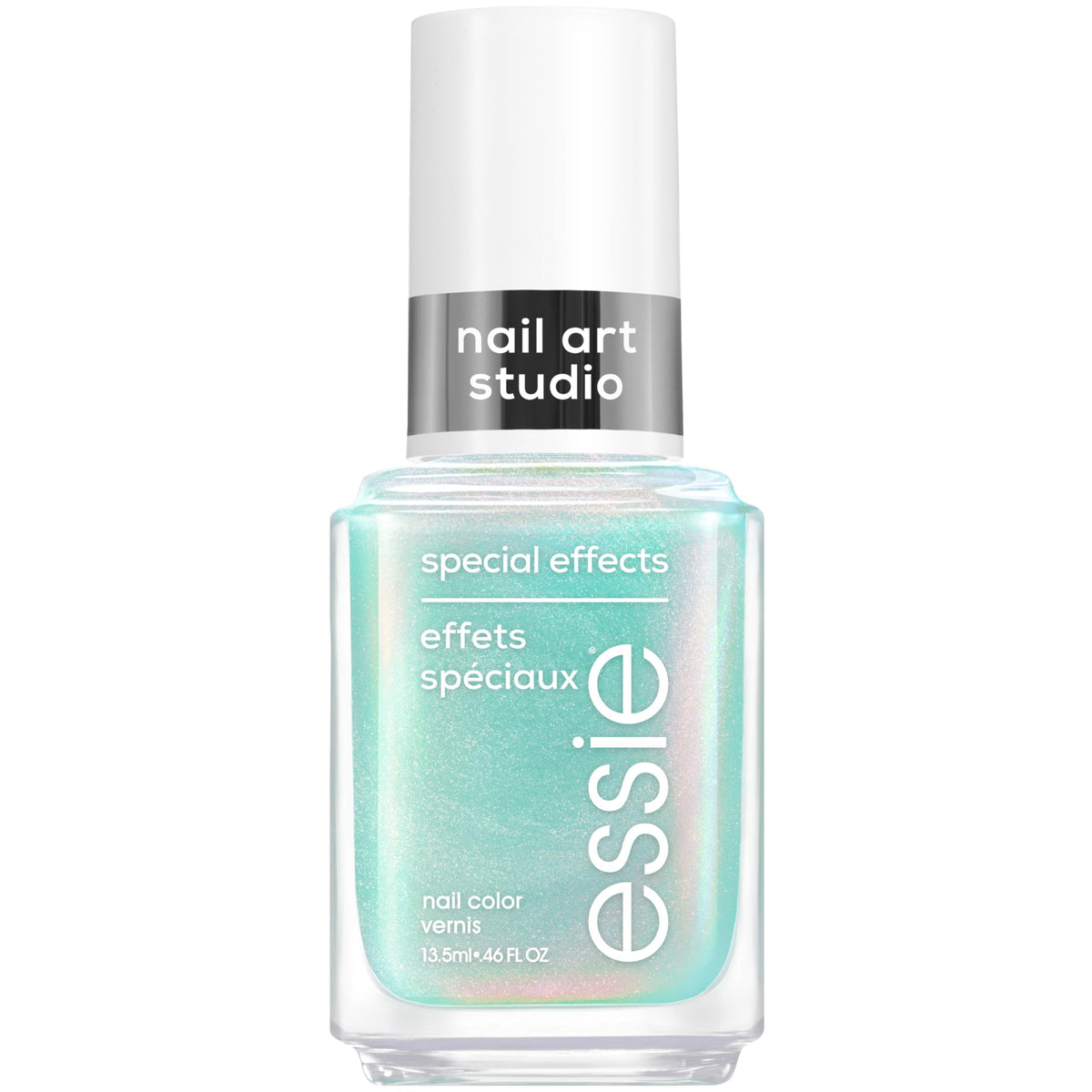 essie Mystic Marine bottle front view showing aqua chrome finish and brand appeal