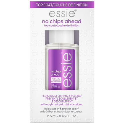 essie front bottle showing clear top coat and brand, for long-lasting shine