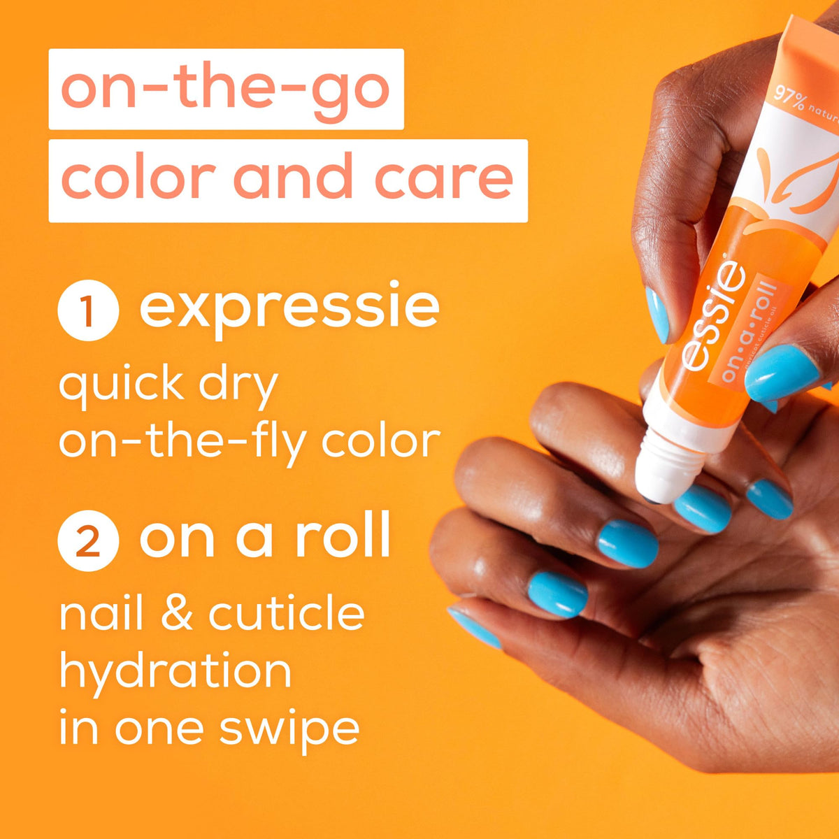 essie roll-on held in hand showing portable size and convenience