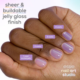essie swatch on nail wheel showing buildable sheer purple tones