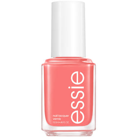 essie front bottle showing peachy coral polish and glossy finish benefit