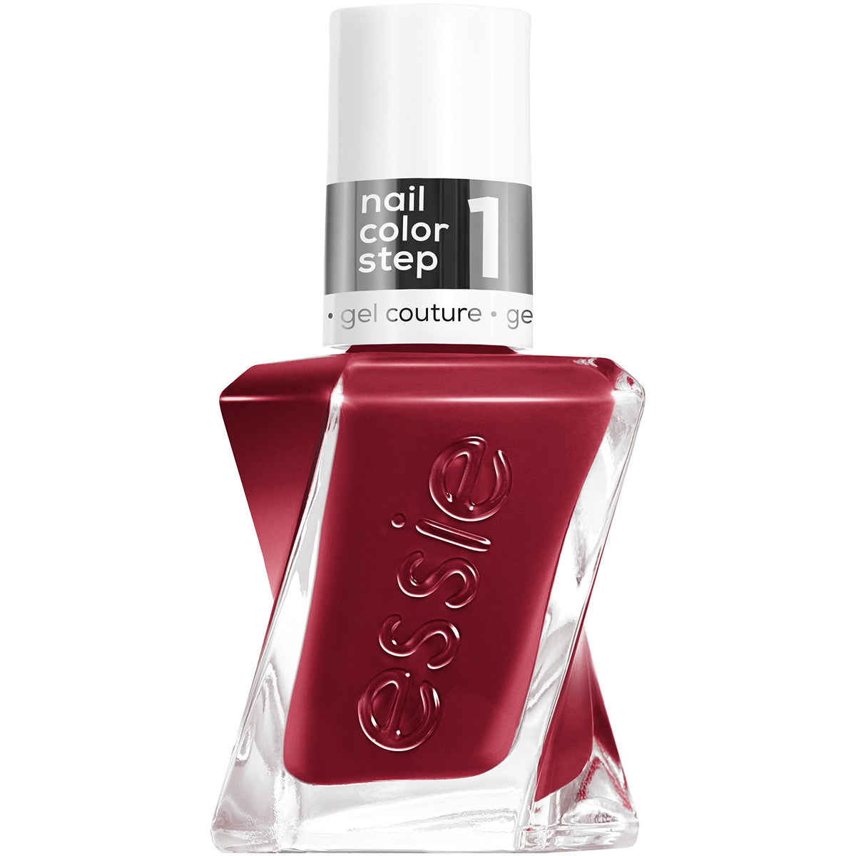 essie Put In The Patchwork front bottle showing rich red color and glossy finish