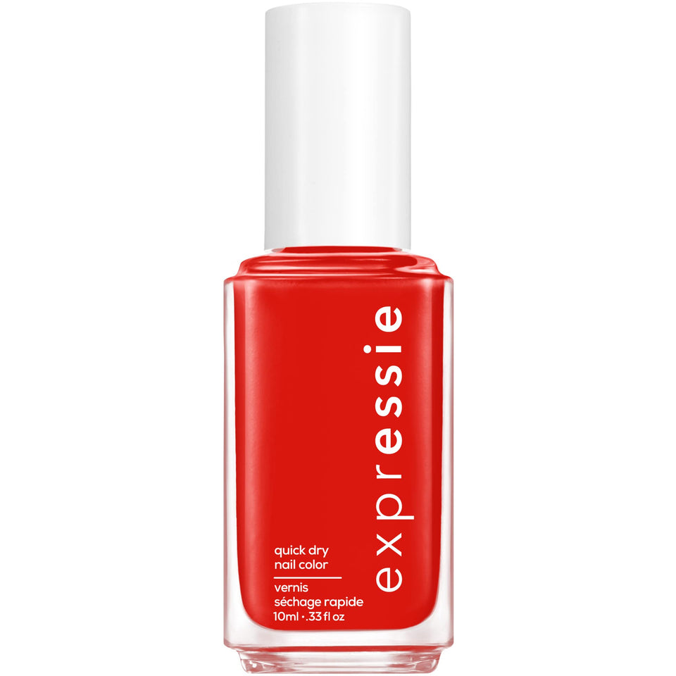 essie front bottle showing Send A Message red and compact size benefit
