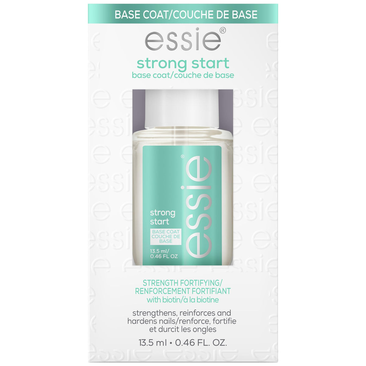 essie bottle front view showing clear strengthening base and salon-grade finish