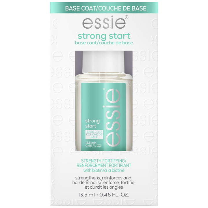 essie bottle front view showing clear strengthening base and salon-grade finish