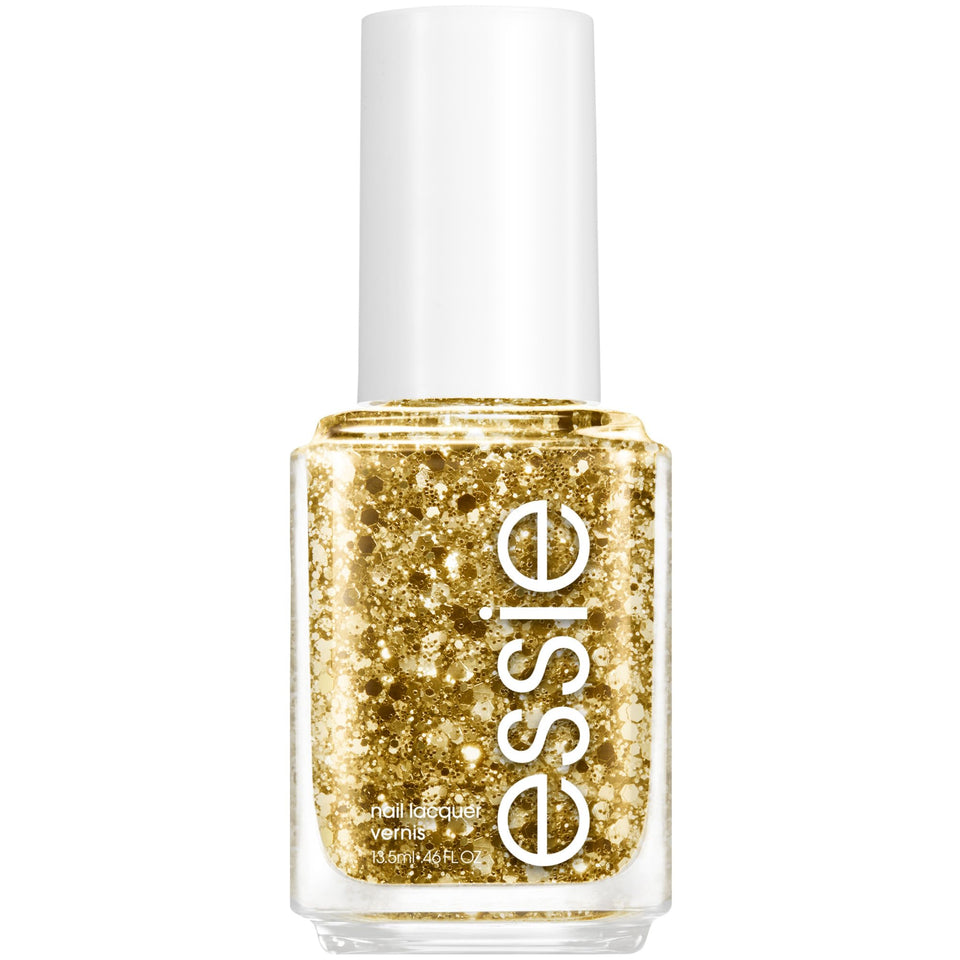 essie bottle front packaging showing Summit Of Style gold glitter and glossy finish