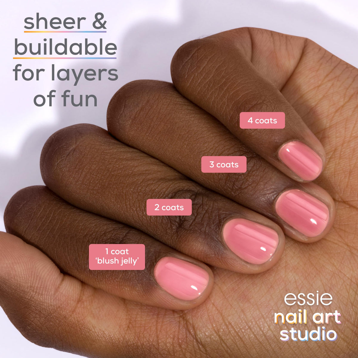 essie swatch on a single finger demonstrating buildable sheer coverage benefit