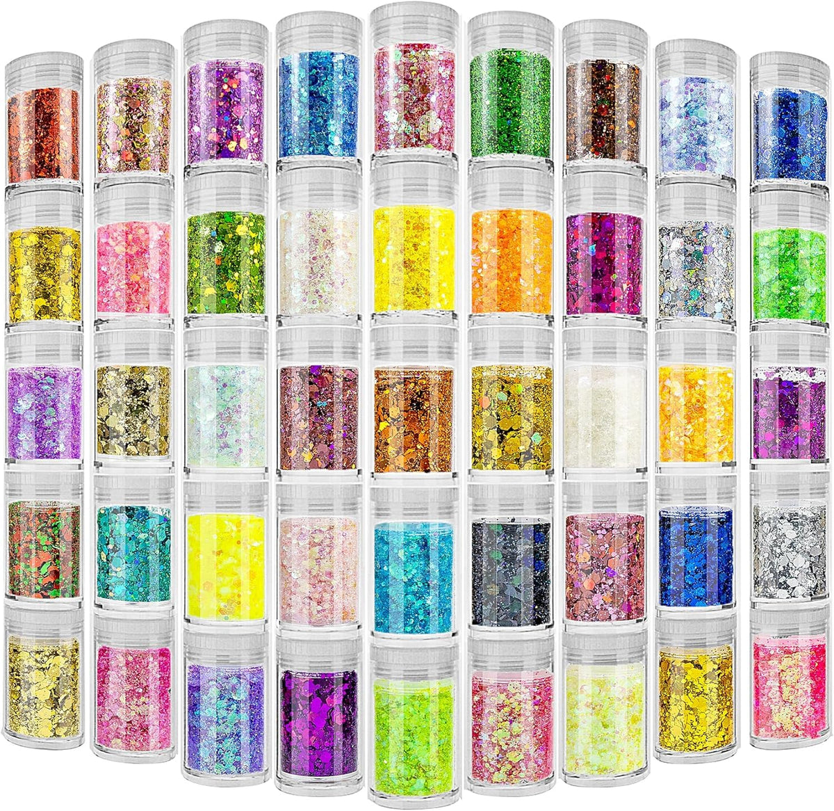 Estanoite front packaging showing 45 sealed glitter jars and organized colors