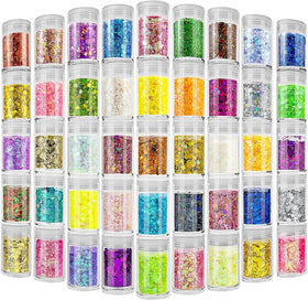 Estanoite front packaging showing 45 sealed glitter jars and organized colors