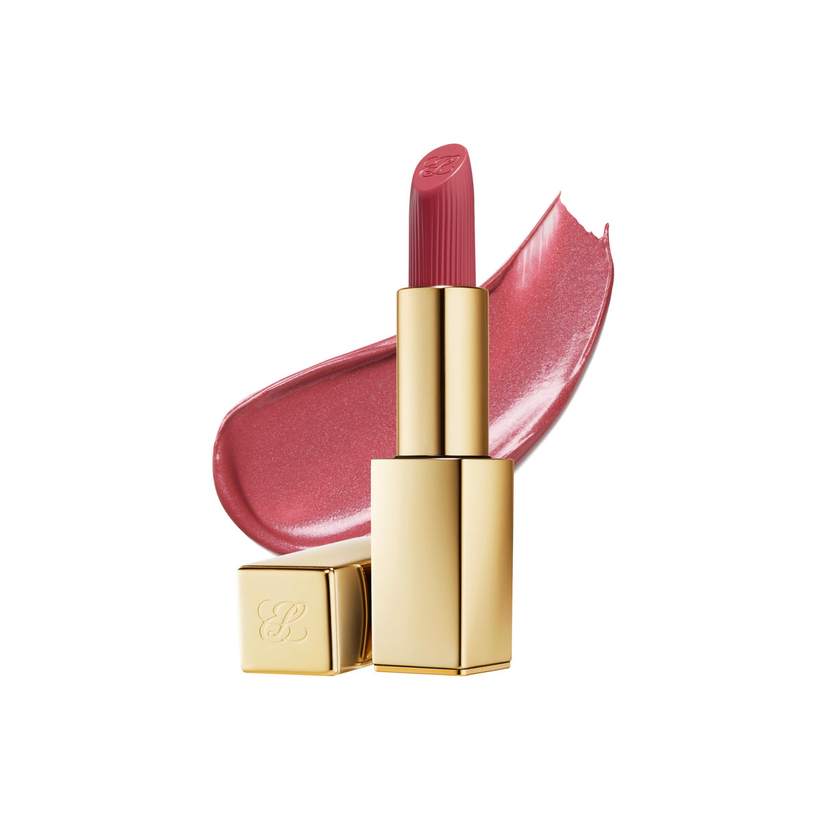 Estée Lauder lipstick front view showing 420 Rebellious Rose and shimmer finish for bold color