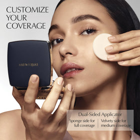 Estée Lauder compact open with powder swipe showing matte coverage payoff benefit