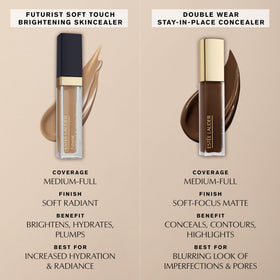 Estée Lauder concealer staged with clutch and mirror showing on-the-go touch-up convenience